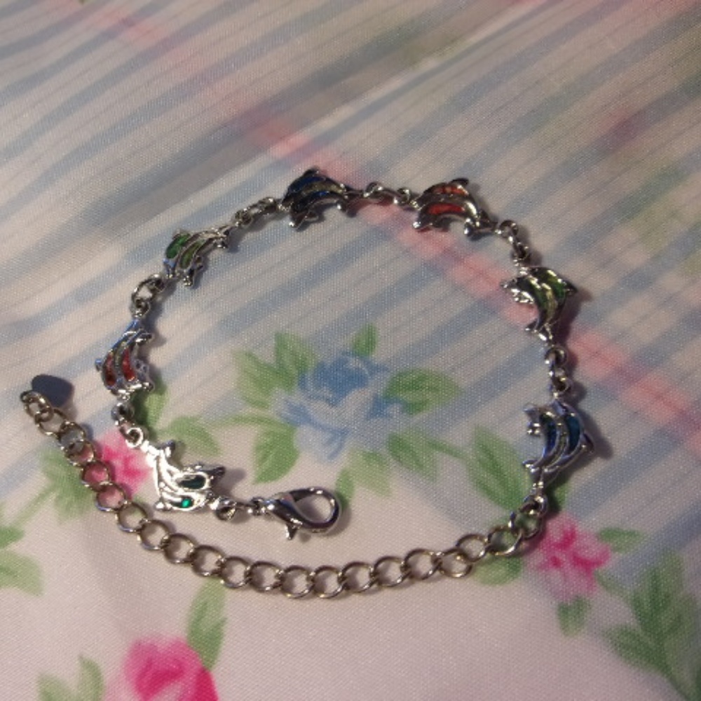 Multi Color Dolphin Silver Tone Ankle Bracelet